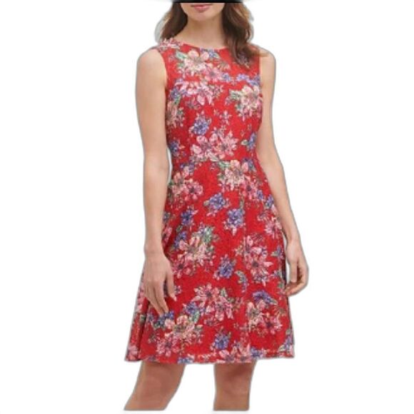 Kensie Dress Women Size 8 Red-Multi Floral Lace A-Line Illusion Fit & Flare NWT - Picture 1 of 14